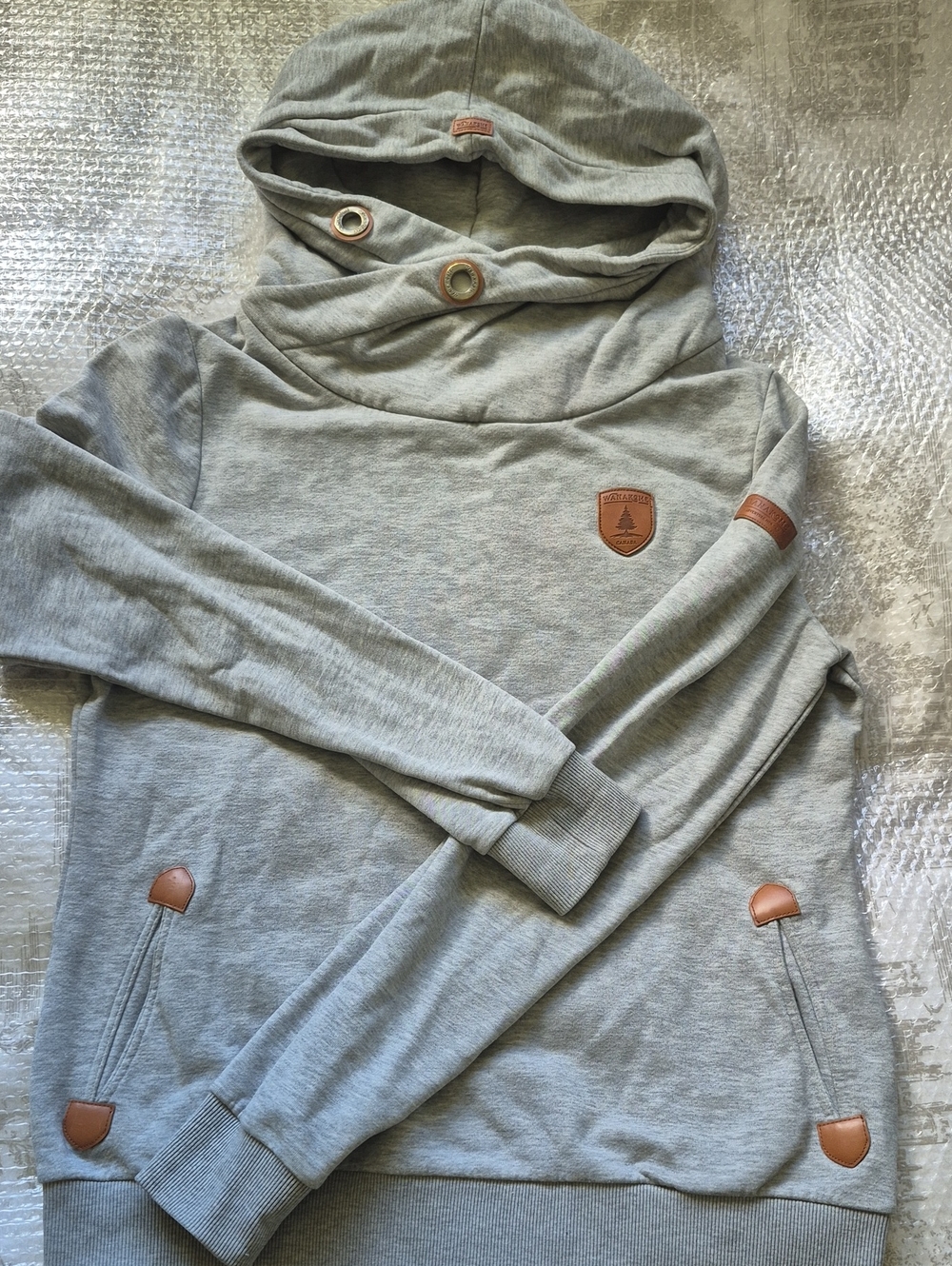 Wanakome Gray Hoodie with Brown Leather Patch